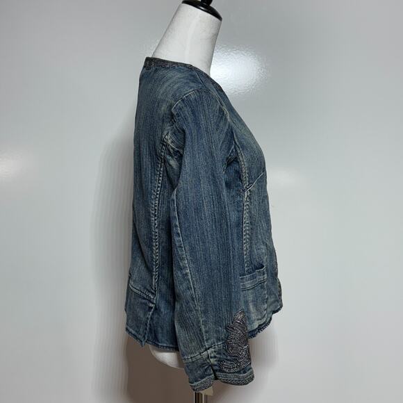 Coldwater Creek Jacket 10 Petite Blue Denim Embroidered Hook & Eye Closure - Picture 5 of 12